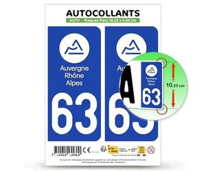 Autocollant Plaque Immatriculation 2 stickers département 63 Puy-de-Dôme - Auvergne-Rhône-Alpes en version : Fond Bleu - 10,25 x 4,6 cm Plaque Plexi