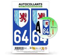 Autocollant Plaque Immatriculation 2 stickers département 64 Pyrénées-Atlantiques - Nouvelle-Aquitaine en version Fond Bleu : 10,25 x 4,6 cm (Plaque Plexi)