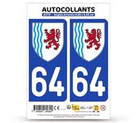 Autocollant Plaque Immatriculation 2 Stickers département 64 Pyrénées-Atlantiques - Nouvelle-Aquitaine en Version Fond Bleu : 9,8 x 4,5 cm (Angles Arrondis)