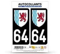 Autocollant Plaque Immatriculation 2 Stickers département 64 Pyrénées-Atlantiques - Nouvelle-Aquitaine en Version Fond Noir : 9,8 x 4,5 cm (Angles Arrondis)