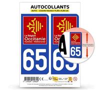 Autocollant Plaque Immatriculation 2 stickers département 65 Hautes-Pyrénées - Occitanie en version Fond Bleu : 11 x 4,6 cm (Grande Hauteur)
