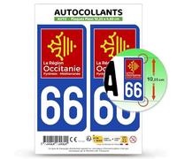 Autocollant Plaque Immatriculation 2 stickers département 66 Pyrénées-Orientales - Occitanie en version Fond Bleu : 10,25 x 4,6 cm (Plaque Plexi)