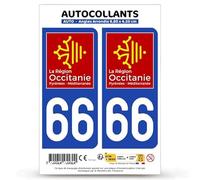 Autocollant Plaque Immatriculation 2 Stickers département 66 Pyrénées-Orientales - Occitanie en Version Fond Bleu : 9,8 x 4,5 cm (Angles Arrondis)