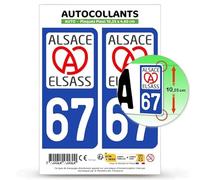 Autocollant Plaque Immatriculation 2 stickers département 67 Bas-Rhin - Alsace en version Fond Bleu : 10,25 x 4,6 cm (Plaque Plexi)