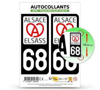 Autocollant Plaque Immatriculation 2 stickers département 68 Haut-Rhin - Alsace en version Fond Noir : 10,25 x 4,6 cm (Plaque Plexi)