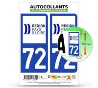 Autocollant Plaque Immatriculation 2 Stickers département 72 Sarthe - Pays de la Loire II en Version Fond Bleu : 10,25 x 4,6 cm (Plaque Plexi)