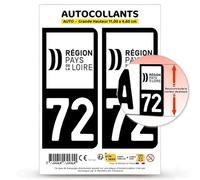 Autocollant Plaque Immatriculation 2 Stickers département 72 Sarthe - Pays de la Loire II en Version Fond Noir : 11 x 4,6 cm (Grande Hauteur)
