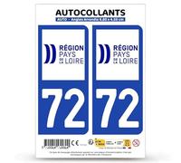 Autocollant Plaque Immatriculation 2 Stickers département 72 Sarthe - Pays de la Loire II en Version Fond Bleu : 9,8 x 4,5 cm (Angles Arrondis)