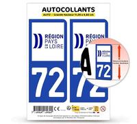 Autocollant Plaque Immatriculation 2 Stickers département 72 Sarthe - Pays de la Loire II en Version Fond Bleu : 11 x 4,6 cm (Grande Hauteur)