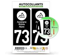 Autocollant Plaque Immatriculation 2 Stickers département 73 Savoie - Auvergne-Rhône-Alpes en Version : Fond Noir - 10,25 x 4,6 cm Plaque Plexi