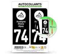 Autocollant Plaque Immatriculation 2 stickers département 74 Haute-Savoie - Auvergne-Rhône-Alpes en version : Fond Noir - 10,25 x 4,6 cm Plaque Plexi