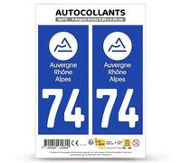 Autocollant Plaque Immatriculation 2 Stickers département 74 Haute-Savoie - Auvergne-Rhône-Alpes en Version : Fond Bleu - 9,8 x 4,5 cm Angles Droits