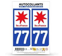 Autocollant Plaque Immatriculation 2 Stickers département 77 Seine-et-Marne - Île-de-France en Version Fond Bleu : 9,8 x 4,5 cm (Angles Arrondis)