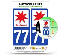 Autocollant Plaque Immatriculation 2 Stickers département 77 Seine-et-Marne - Île-de-France en Version Fond Bleu : 10,25 x 4,6 cm (Plaque Plexi)