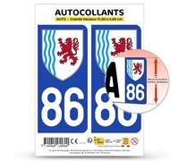 Autocollant Plaque Immatriculation 2 stickers département 86 Vienne - Nouvelle-Aquitaine en version Fond Bleu : 11 x 4,6 cm (Grande Hauteur)