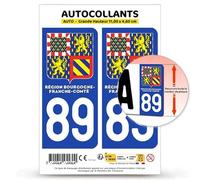 Autocollant Plaque Immatriculation 2 stickers département 89 Yonne - Bourgogne-Franche-Comté II en version : Fond Bleu - 11 x 4,6 cm Grande Hauteur