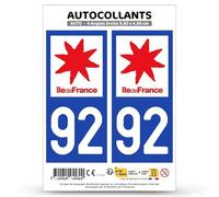 Autocollant Plaque Immatriculation 2 Stickers département 92 Hauts-de-Seine - Île-de-France en Version Fond Bleu : 9,8 x 4,5 cm (Angles Droits)