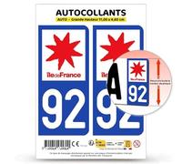 Autocollant Plaque Immatriculation 2 stickers département 92 Hauts-de-Seine - Île-de-France en version Fond Bleu : 11 x 4,6 cm (Grande Hauteur)