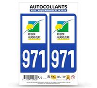 Autocollant Plaque Immatriculation 2 Stickers département 971-H Guadeloupe - DROM en Version Fond Bleu : 9,8 x 4,5 cm (Angles Arrondis)