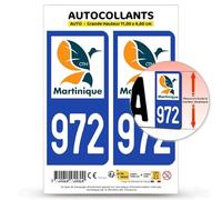 Autocollant Plaque Immatriculation 2 Stickers département 972-H Martinique - DROM II en Version Fond Bleu : 11 x 4,6 cm (Grande Hauteur)
