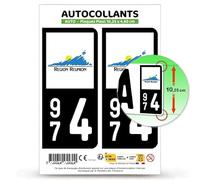 Autocollant Plaque Immatriculation 2 stickers département 974 Réunion - DROM en version Fond Noir : 10,25 x 4,6 cm (Plaque Plexi)