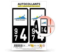 Autocollant Plaque Immatriculation 2 stickers département 974 Réunion - DROM en version Fond Noir : 11 x 4,6 cm (Grande Hauteur)