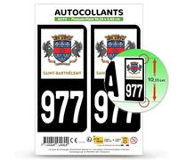 Autocollant Plaque Immatriculation 2 stickers département 977-H Saint-Barthélemy - COM en version Fond Noir : 10,25 x 4,6 cm (Plaque Plexi)