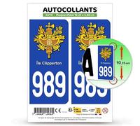 Autocollant Plaque Immatriculation 2 stickers département 989-H Île Clipperton - COM en version Fond Bleu : 10,25 x 4,6 cm (Plaque Plexi)