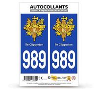 Autocollant Plaque Immatriculation 2 stickers département 989-H Île Clipperton - COM en version Fond Bleu : 9,8 x 4,5 cm (Angles Droits)