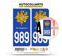 Autocollant Plaque Immatriculation 2 stickers département 989-H Île Clipperton - COM en version Fond Bleu : 11 x 4,6 cm (Grande Hauteur)