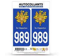 Autocollant Plaque Immatriculation 2 stickers département 989-H Île Clipperton - COM en version Fond Bleu : 9,8 x 4,5 cm (Angles Arrondis)