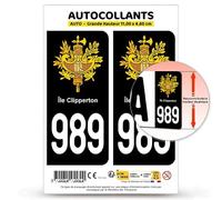 Autocollant Plaque Immatriculation 2 stickers département 989-H Île Clipperton - COM en version Fond Noir : 11 x 4,6 cm (Grande Hauteur)