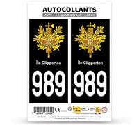 Autocollant Plaque Immatriculation 2 Stickers département 989-H Île Clipperton - COM en Version Fond Noir : 9,8 x 4,5 cm (Angles Droits)