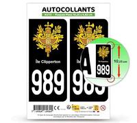 Autocollant Plaque Immatriculation 2 stickers département 989-H Île Clipperton - COM en version Fond Noir : 10,25 x 4,6 cm (Plaque Plexi)