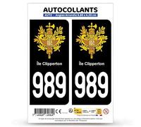 Autocollant Plaque Immatriculation 2 Stickers département 989-H Île Clipperton - COM en Version Fond Noir : 9,8 x 4,5 cm (Angles Arrondis)