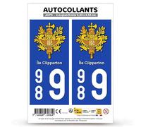 Autocollant Plaque Immatriculation 2 Stickers département 989 Île Clipperton - COM en Version Fond Bleu : 9,8 x 4,5 cm (Angles Droits)