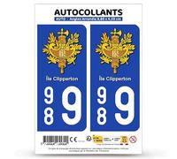 Autocollant Plaque Immatriculation 2 stickers département 989 Île Clipperton - COM en version Fond Bleu : 9,8 x 4,5 cm (Angles Arrondis)