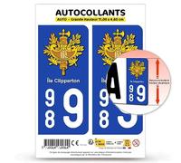 Autocollant Plaque Immatriculation 2 stickers département 989 Île Clipperton - COM en version Fond Bleu : 11 x 4,6 cm (Grande Hauteur)