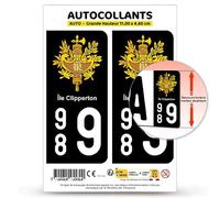 Autocollant Plaque Immatriculation 2 stickers département 989 Île Clipperton - COM en version Fond Noir : 11 x 4,6 cm (Grande Hauteur)