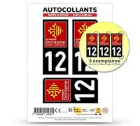 Autocollant Plaque Immatriculation 3 Stickers département 12 Aveyron - Occitanie en Version Fond Noir : Moto et Cyclo - 6,5 x 3 cm