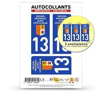 Autocollant Plaque Immatriculation 3 Stickers département 13 Bouches-du-Rhône - Région Sud en Version Fond Bleu : Moto et Cyclo - 6,5 x 3 cm