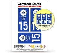 Autocollant Plaque Immatriculation 3 Stickers département 15 Cantal - Auvergne-Rhône-Alpes en Version : Fond Bleu - Moto et Cyclo 6,5 x 3 cm