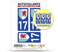 Autocollant Plaque Immatriculation 3 Stickers département 17 Charente-Maritime - Nouvelle-Aquitaine en Version Fond Bleu : Moto et Cyclo - 6,5 x 3 cm