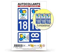 Autocollant Plaque Immatriculation 3 Stickers département 18 Cher - Centre-Val de Loire II en Version Fond Bleu : Moto et Cyclo - 6,5 x 3 cm