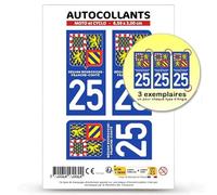 Autocollant Plaque Immatriculation 3 Stickers département 25 Doubs - Bourgogne-Franche-Comté II en Version : Fond Bleu - Moto et Cyclo 6,5 x 3 cm
