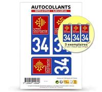 Autocollant Plaque Immatriculation 3 Stickers département 34 Hérault - Occitanie en Version Fond Bleu : Moto et Cyclo - 6,5 x 3 cm