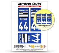 Autocollant Plaque Immatriculation 3 Stickers département 44 Loire-Atlantique - Bretagne en Version Fond Bleu : Moto et Cyclo - 6,5 x 3 cm