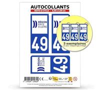 Autocollant Plaque Immatriculation 3 Stickers département 49 Maine-et-Loire - Pays de la Loire II en Version Fond Bleu : Moto et Cyclo - 6,5 x 3 cm