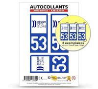 Autocollant Plaque Immatriculation 3 Stickers département 53 Mayenne - Pays de la Loire II en Version Fond Bleu : Moto et Cyclo - 6,5 x 3 cm