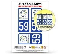 Autocollant Plaque Immatriculation 3 stickers département 59 Nord - Hauts-de-France en version Fond Bleu : Moto et Cyclo - 6,5 x 3 cm